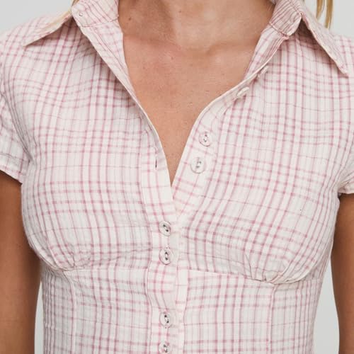 Image of Y2k Girls Vintage Coquette Button Down Shirt Women Short Sleeve V-Neck Slim Fitted T-Shirt Cute Blouse Crop Top