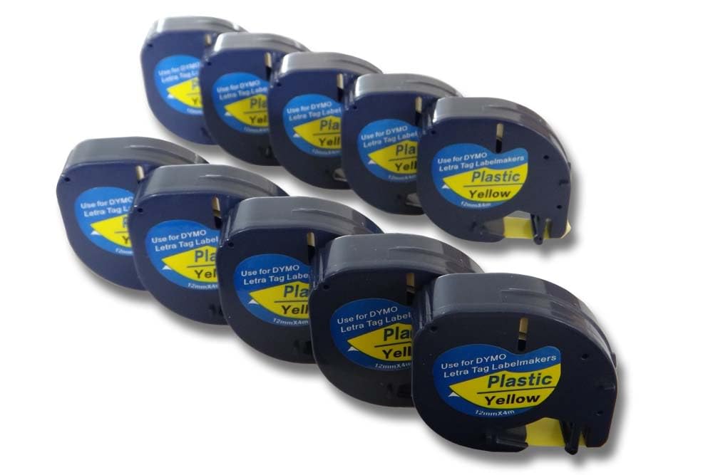 vhbw 10x Schriftband-Kassette kompatibel mit Dymo LetraTag LT-100H | LT-100T, QX50, XR, 200B Etiketten-Drucker 4m x 12mm Schwarz auf Gelb