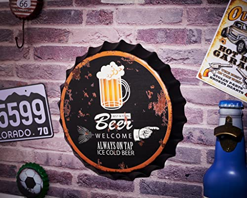 Image of EAZYWAGON Decorative Metal Bottle Caps Wall Sign Plates - 14X14 Inches - Best-In-Town | Metal Wall Hanging Bottle Cap for Home, Farmhouse, Bar & Cafe Decoration | Vintage & Retro Look Plaques