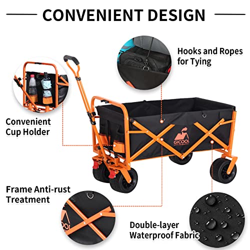 Gicool Collapsible Heavy Duty Wagon Cart With Big Wheels & Brake, Large Capacity Folding Utility Wagon Cart, For Pet Sand Outdoor Camping Garden Works Shopping, With Two Elastic Ropes #TOP3