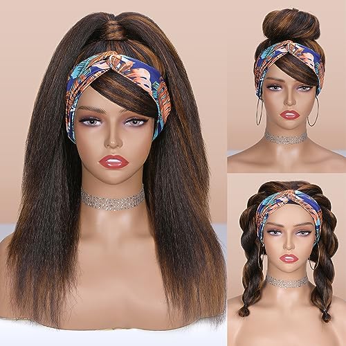 WIGNEE Kinky Curly Headband Wigs for Women Yaki Straight Wigs with Black Headband for Black Women (2A/30# Highlights, 18 Inch) 18 Inch #2A/30 Highlights