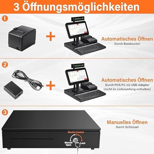 Kassenlade Elektrisch, Kassenschublade mit 5 Münzfächer, 4 Scheinfächer, Geldlade elektrische und manuelle Öffnung, Geldschublade, Geldbox Banknotenfächern
