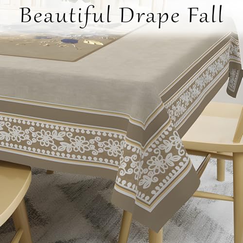 Image of Cloth Fusion Velvet Floral Dining Table Cover Cloth 6 Seater with Stunning Gold Foil Design for Home Decor (60x90 Inch, Taupe) Rectangular