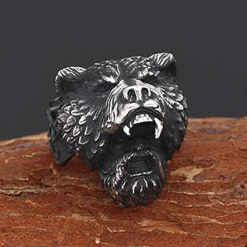 LIANXIAOXAO - Nhlzj Viking Urso Homem Guerreiro Prata Preto Anéis De Aço Inoxidável Para Homens Anel