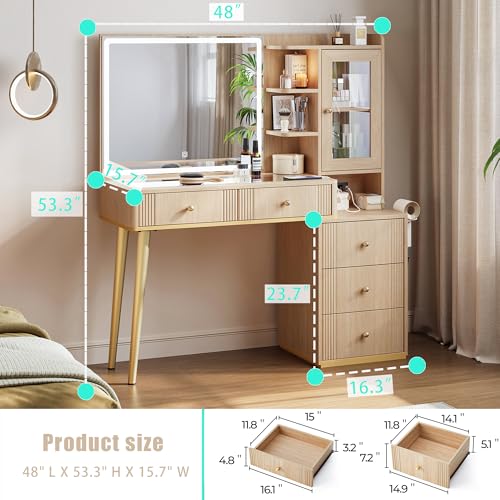 LINSY Wood Vanity with Glass Top, Makeup Vanity with Storage Drawers, Boho Fluted Vanity Desk with Mirror and Lights, Large Dressing Table with Cabinet and Outlet for Bedroom, Women, Girls - Image 3
