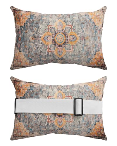 Outdoor Pillows Covers with Inserts Geometric Abstract Carpet Flowers Pattern Yellow Waterproof Pillow with Adjustable Strap Throw Pillows for Patio Furniture Pool Lounge Chair, 12x20 Inch, 1PCS