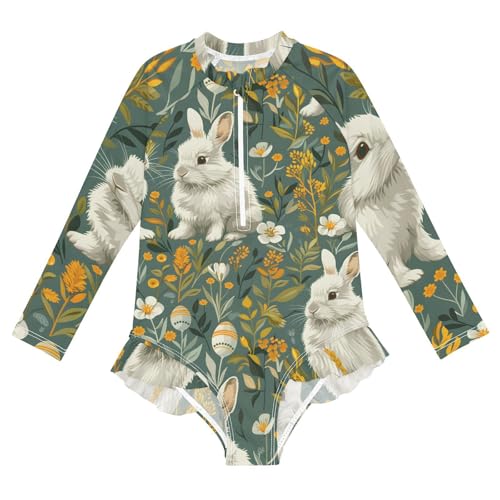Girls One Piece Swimsuits Long Sleeve Swimsuit Zipper Bathing Suits Rabbit Bunny Green Grass