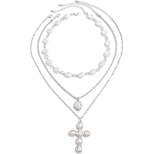 Chunky Pearl Cross Necklace for Women Layered Crucifix Choker Necklaces