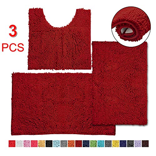 3 Pieces Bathroom Rugs, Anti-Slip Chenille Bath Rug, Super Absorbent Luxury Shaggy Bath
