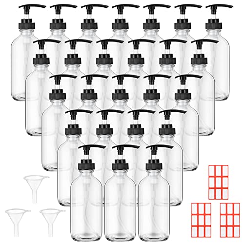 Tanlade 24 Pcs 8 oz Glass Pump Bottle Empty Bottle Glass Soap Dispenser with Pump Refillable Containers and Labels Funnels for Essential Oils Cleaning Products Lotions Conditioner(Clear)