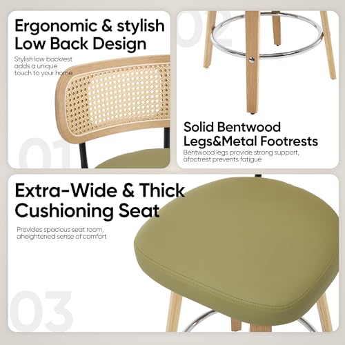 Image of Rattan Bar Stools Set of 2,Upholstered PU Leather, 26'' Counter Height Barstools with Back and Wood Legs,360Swivel,Mid-Century Modern Bar Stool for Kitchen Island Dining Room and Bar(Grass Green)
