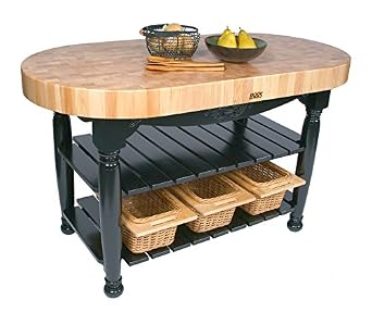 Boos Maple Harvest Table - 60" x 30" Oval - 4" Thick End-Grain Butcher Block Top, Caribbean Blue Base.