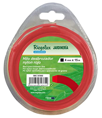 RIEGOLUX Hilo Desbrozadora, Nylon Cuadrada, Rojo, 4 mm x 15 m, Hilo Desbrozadora para Disco...