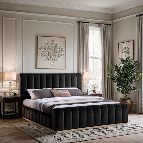 Image of Meridian Furniture AmaraBlack-K Collection Modern | Contemporary King Bed, Ultra Luxe Black 460 GSM Velvet, Natural Finish, Solid Wood Base and Inner Frame, 82.5 inch W x 99 inch D x 51 inch H, Black, King
