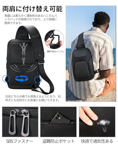 FENRUIEN ボディバッグ ショルダーバッグ 大容量 11インチiPad収納可能 肩掛けバッグ USBポート付き ワンショルダーバッグ メンズ 多層収納 斜めがけバッグ ハイキング用デイパック カジュアル の商品画像 5