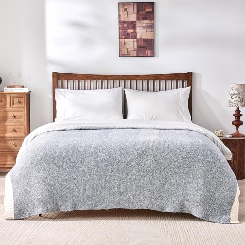 Image of CozeCube Reversible Knitted Throw Blanket, Dusty Blue White Melange 60 inchx80 inch