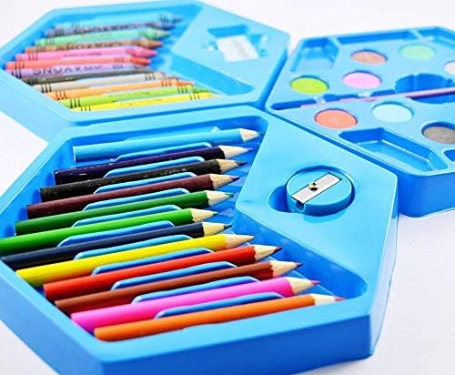 Image of 46-Piece Art Colour Set with Colour Pencils, Crayons, Oil Pastels, Sketch Pens, Paints, Brushes, Blue Hexagonal Box