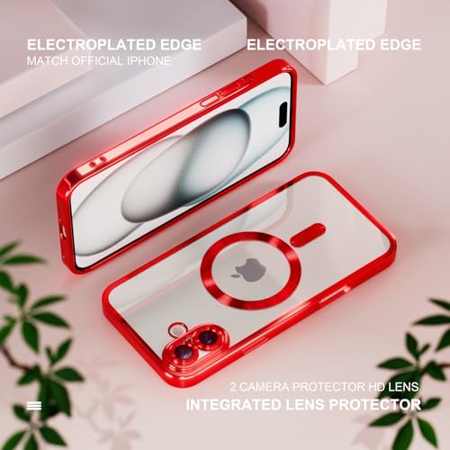 Image of Misea Magnetic for iPhone 16 Case Compatible with MagSafe Red | [Never Yellowing] [Military Drop Protection] Full Camera Lens Protector Plating Soft Clear Phone Case for Women, Red