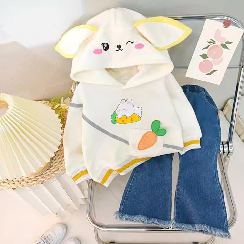 Image of Bold N Elegant Girl's Denim Solid Full Sleeve Bunny Print Sweatshirt Hoodie And Jeans With Frayed Hem