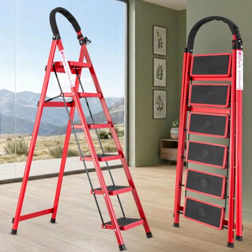 Image of Casa Copenhagen Red 6 Step Ladder for Home Use with Built-in Tool Tray | Heavy Duty D Shape Rods | Ultra Large Platform | Secure Lock and Stability | 150Kg Capacity Foldable Ladder - 7 Years Warranty