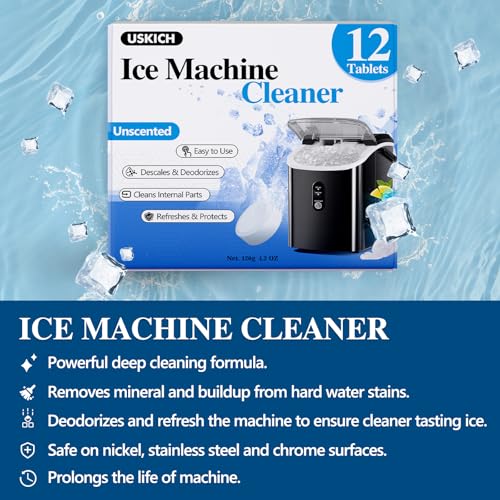 Image of USKICH Ice Machine Cleaner Descaler Tablets-12 Pack Ice Maker Cleaner Compatible with Frigidaire, Opal, GE Profile, Kitchenaid, Nickel Safe Scale Remover for Countertop, Nugget Ice Makers