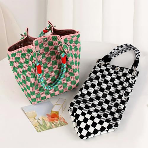 Checkered Tote Bag Knitted Soft Trendy Knitted Checkered Purse Alt Plaid Hand Bags Multicolor Grid Block Woven Purse 20254