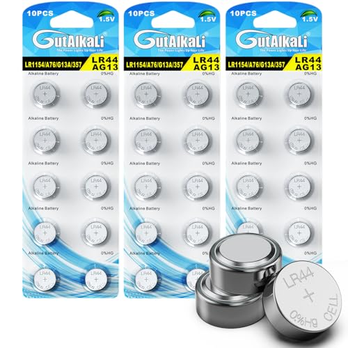 GutAlkaLi AG13 LR44 1.5V Alkaline Button Cell Batteries Mercury Free (357/357A/L11154/A76/GPA76) LR44(AG13)-30 Pack