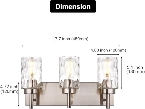 Miniatura 4 de BONLICHT Lámpara de tocador de níquel cepillado moderna de 3 luces para baño sobre espejo con pantalla de vidrio martillado transparente, lámpara