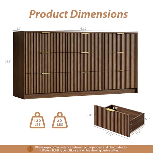 Image of MAISONARIA 9 Drawer Dresser for Bedroom, 63 inch Wide Modern Fluted Dresser with Gold Metal Handles, Chest of Drawers for Bedroom, Living Room, Entryway, Hallway, Walnut