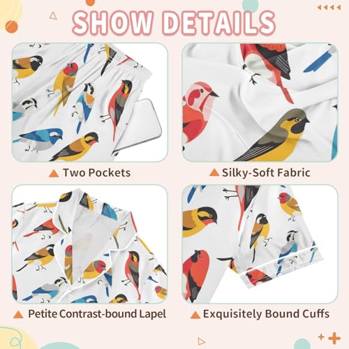 senya Colorul Cute Bird 1 Satin Summer Pajama Sets Silk Short Sleeve Button Down Sleepwear3