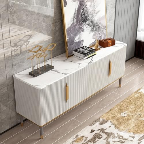 Image of Sonic Console Table, White Marble Top, Charcoal Louvers, Gold Accents, 66 x 15 x 22 Inch, Modern Entryway Storage Cabinet, Waterproof Plywood, PVD-Coated Legs, Elegant TV Unit