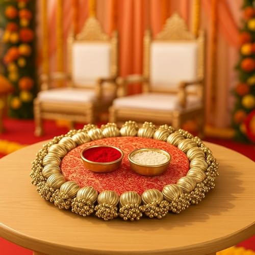 Image of SATYAM KRAFT 3 Pc Handmade Jhumki Platter (6 Inch) with Gota Patti & Golden Moti | Ganpati & Janmashtami Decoration, Festive Home Decor, Pooja Setup, Table Centerpiece & Gifting Item