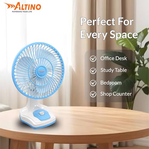 Image of Altino Premuim Powerful Oscillation Table Fan for Home & Office| High Air Delivery| Anti-Dust Decorative Star Rated Table Fan | 3 Speeds | Easy to Clean, 1 Yr Warranty (Blue White, 12 Inch)