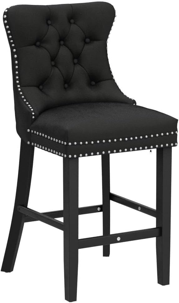 Aoowow Velvet Upholstered Counter Height Bar Stools Set of 2, Counterstool Seat Height 26.3", Wingback Armless Bar Chairs Button Tufted with Solid Wood Legs for Kitchen Island Bar Area (Black)