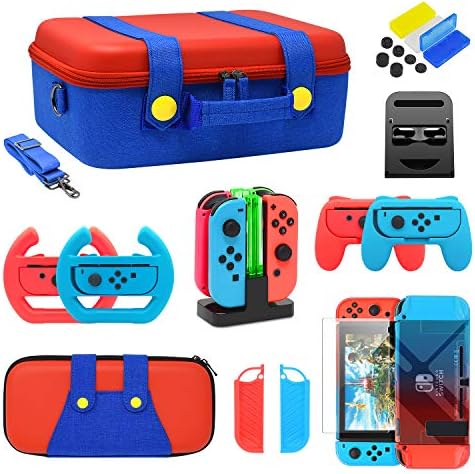 Accessories Kit Bundle for Nintendo Switch, FYOUNG Travel Case Carrying Case Cover Case Hand Grips Controller Charger Steering Wheel Game Card Case Compatible for Your Switch and Joy- con(21 in 1)