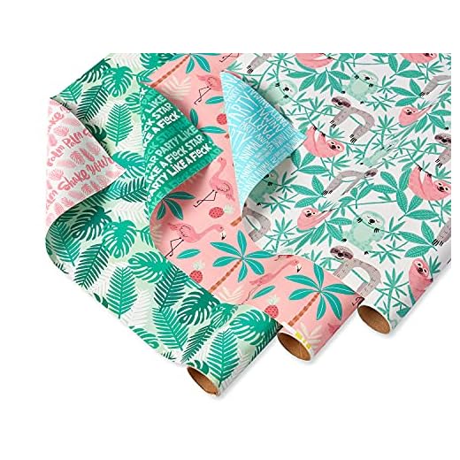 American Greetings Reversible Palms, Sloths, Flamingo Wrapping Paper for All Occasion, Green and Pink (3 Rolls, 120 sq. ft.)
