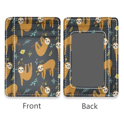 Front Pocket Minimalist Leather Slim Wallet Credit Card Holder Brown Sloth for Men & Women2