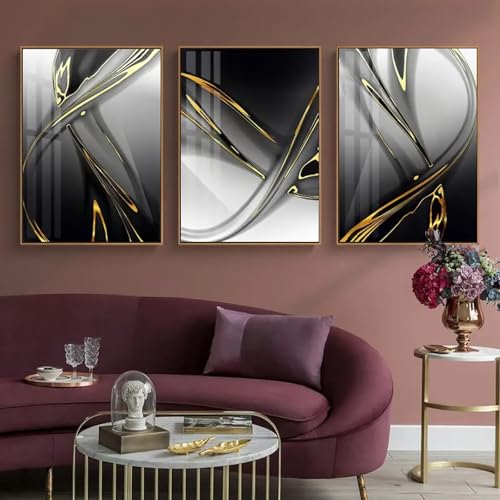 Tableau moderne noir et gris avec poster abstrait jaune | Décoration murale salon 3 cadres