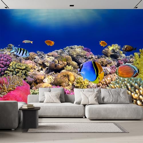 wall26 Removable Wall Sticker/Wall Mural Tropical Blue Fish Coral Reef Ocean Seascape Nature Wilderness Photography Nautical Landscape Decorative for Living Room, Bedroom, Office - 132x192 inches