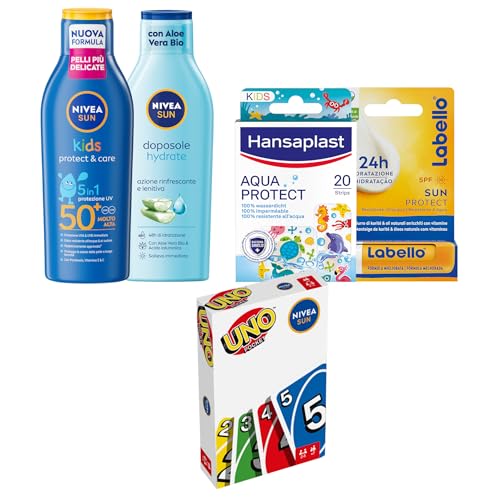 NIVEA SUN Kids Crema solare bambini Protect & Care SPF 50+ 200ml, Doposole Hydrate 200ml, Labello Sun Protect Burrocacao 4.8g, Hansaplast Cerotti Aqua Protect Kids 20 Pezzi e Carte UNO Pocket Incluse