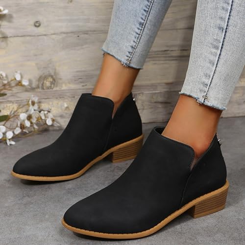 Womens V Cutout Ankle Boots Chunky Stacked Heel Booties Zip Up Western Boots Shoes Low Heel Pull On Short Boots Round Toe Faux Suede Stacked Heel Western Ankle Bootie3