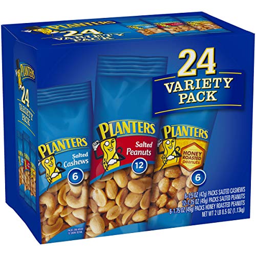 Planters Variety Packs (Salted Cashews, Salted Peanuts & Honey Roasted Peanuts), 24 Packs - Individual Bags Of On-The-Go Nut Snacks - No Cholesterol Or Trans Fats - Source Of Fiber And Healthy Fats #TOP2