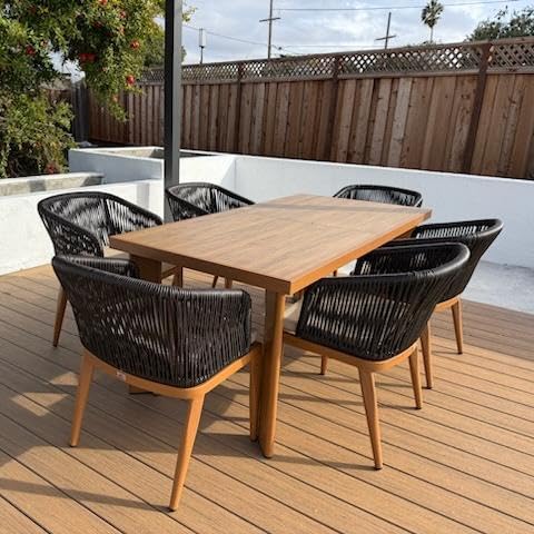Image of PURPLE LEAF Patio Dining Set for 6 with Sunbrella Cushion Chairs Deep Teak