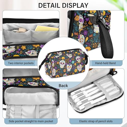 Image of Fisyme Flower Sugar Skull Pencil Case Large Capacity Pencil Pouch Pen Bags Box Big Makeup Pencil Case Organizer