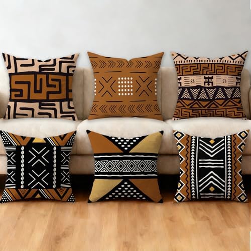 African Throw Pillow Covers Set of 6, Rustic Mud Cloth Texture Br...