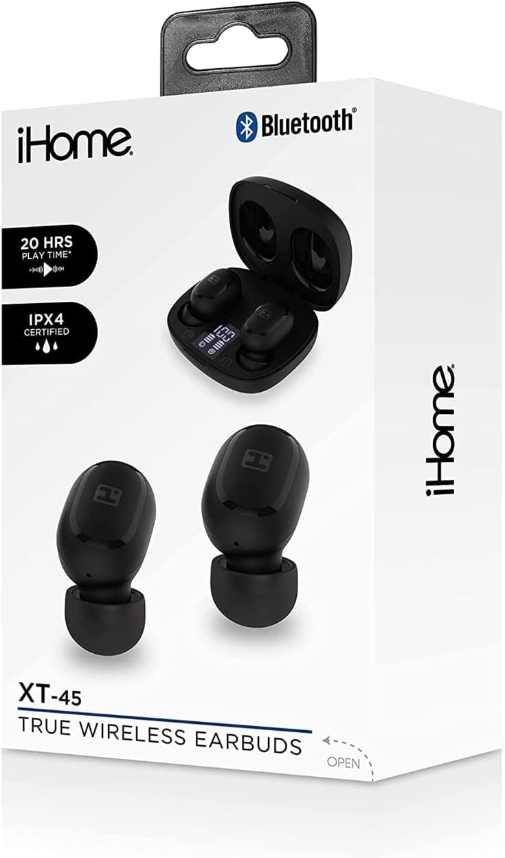 Retail packaging of iHome XT-45 True Wireless Earbuds, showing the product and key features.