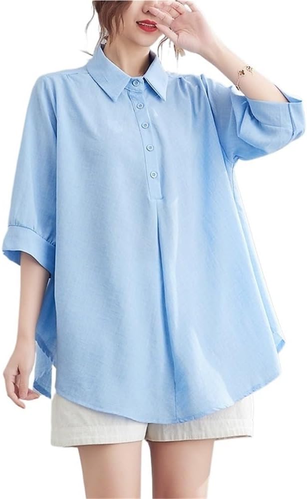 Women's Casual Button Down Linen Shirts Comfort Work Office Tops Lapel 3/4 Sleeve Loose Irregular Hem Flowy Blouse