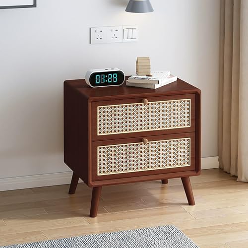 Mesita de noche de ratán con 2 cajones, mesa auxiliar de madera maciza, mesita de noche rústica para sala de estar y dormitorio