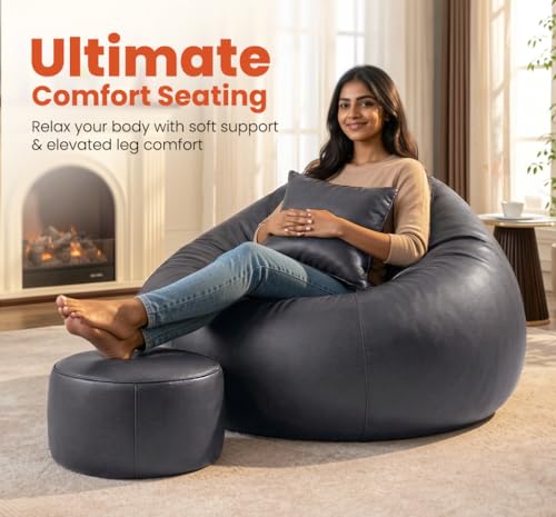 Image of Sattva Classic 3XL Bean Bag Chair with Beans Filled | Faux Leather Sofa Style Bin Bags with Footstool & Cushion | Comfort Beam Bag Sofa for Adults & Teens, Living Room & Office - Grey