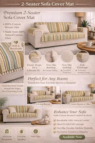 Image of Gifts Island 2 Seater Cotton Sofa Cover Mat | Anti Slip Sofa Cover Throw | All Over Furniture Protector with Elastic Straps | Washable Couch Cover for Living Room (Brown, 2 Seater)